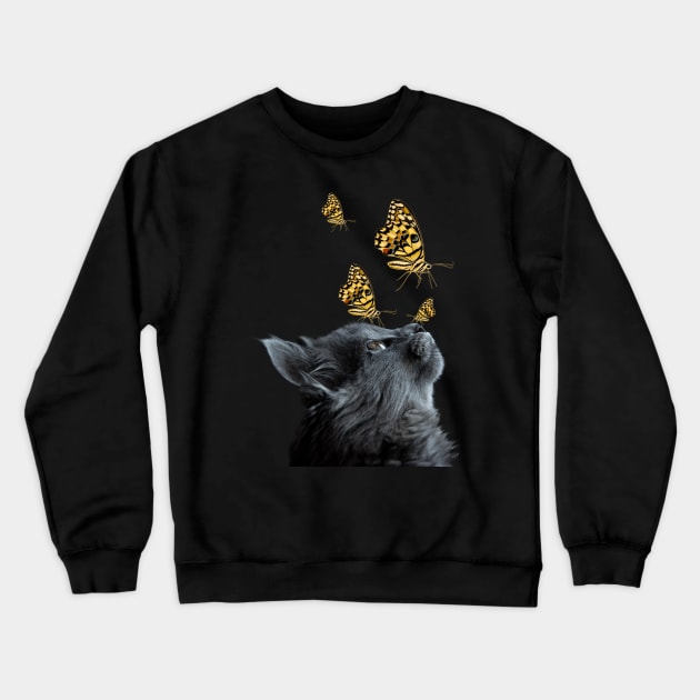 Cute Black Cat With Butterfly Cat adoption For Cat Lover Crewneck Sweatshirt by drag is art